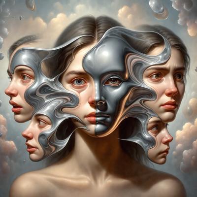 The primary subject of the image is a woman with a silver mask on her face. The setting is a cloudy sky, and the visual style is a digital art or illustration. The dominant colors are silver and white, creating a futuristic and surreal atmosphere.